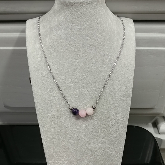 Rose Quartz Amethyst Three Bead Necklace Natural Gemstone Crystal StainlessSteel - Picture 5 of 14